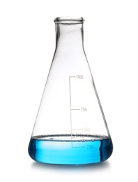 Photo of Conical flask with sample isolated on white. Chemistry laboratory glassware