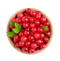 Photo of Fresh ripe cranberries with leaves in bowl isolated on white, top view