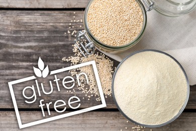 Image of Gluten free products. Quinoa flour and text on wooden table, top view