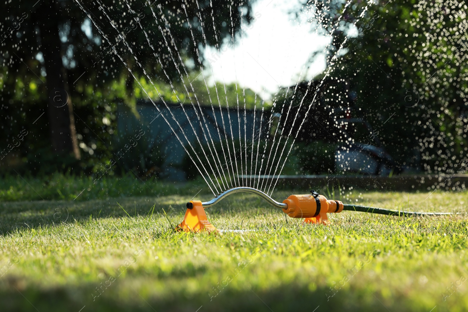 Photo of Automatic sprinkler watering green grass on lawn in garden. Irrigation system