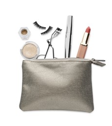 Cosmetic bag with eyelash curler and makeup products on white background, top view