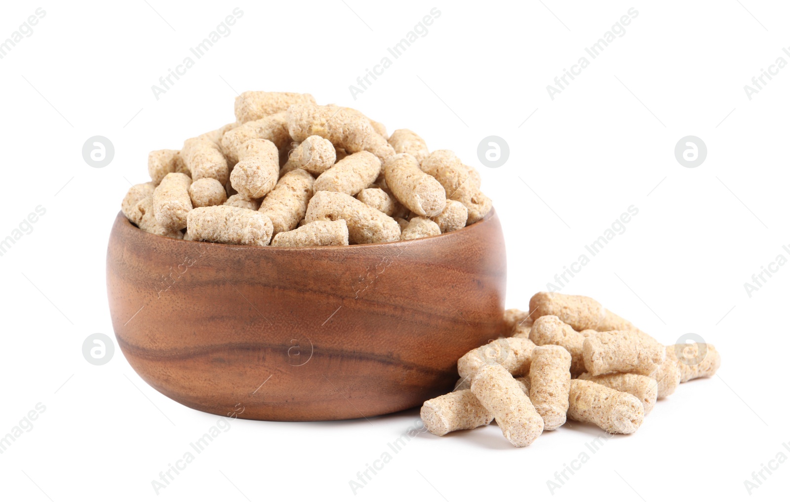 Photo of Granulated wheat bran in bowl on white background