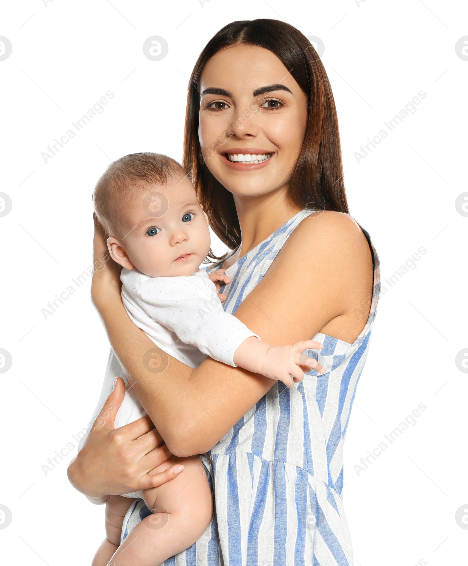 Photo of Portrait of happy mother with her baby isolated on white