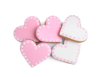 Delicious heart shaped cookies on white background, top view. Valentine's Day