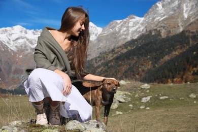 Beautiful young woman stroking adorable dog in mountains on sunny day