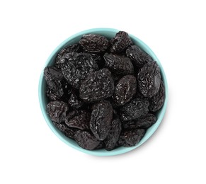 Bowl with sweet dried prunes isolated on white, top view