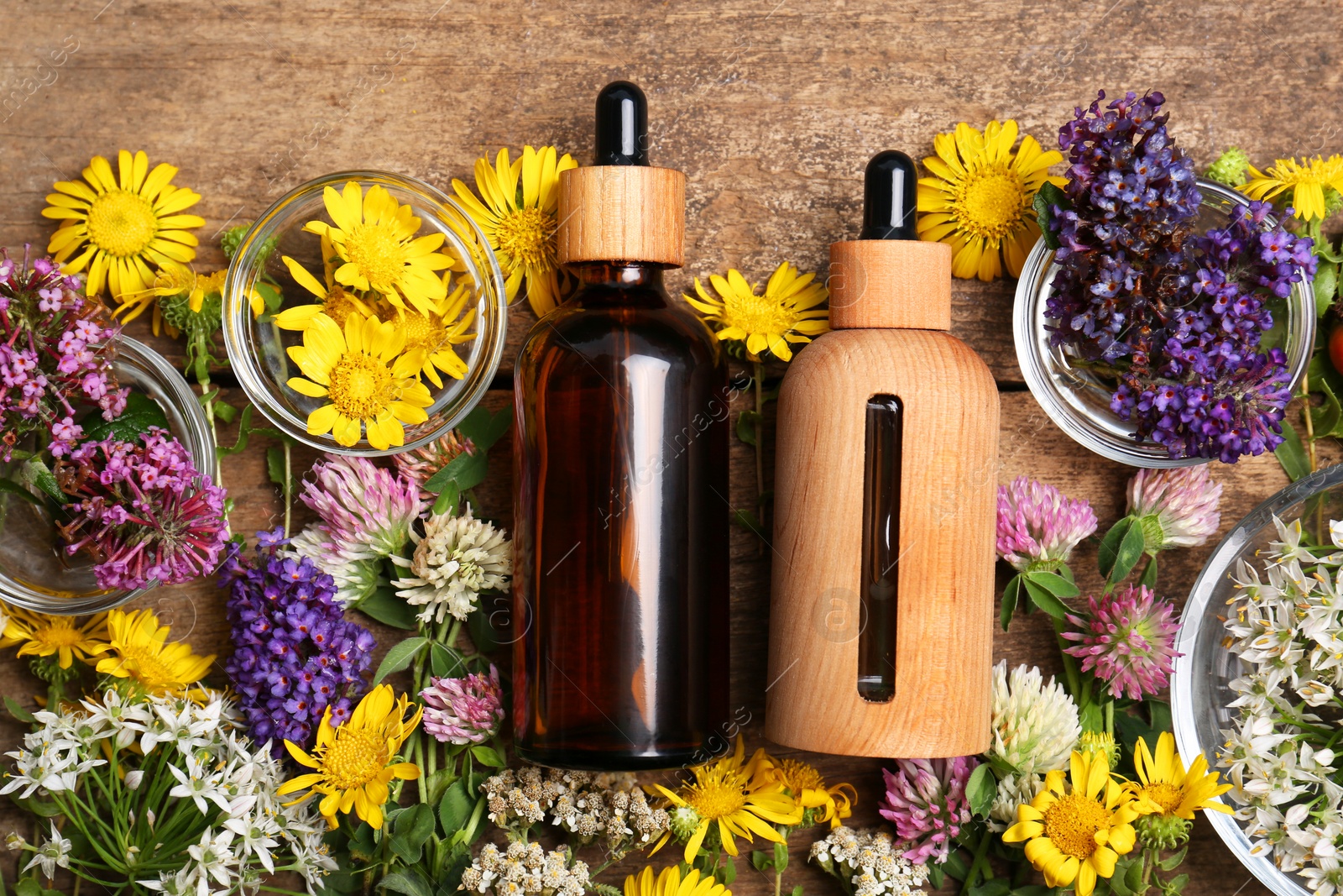 Photo of Bottles of essential oils surrounded by beautiful flowers on wooden table, flat lay