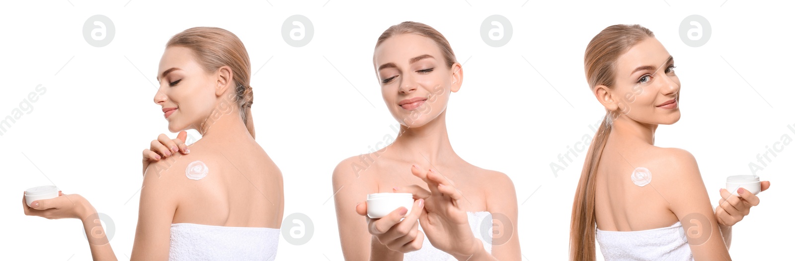 Image of Collage of photos with young woman applying body cream on white background. Banner design