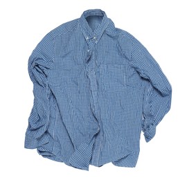 Photo of Crumpled light blue gingham shirt on white background, top view