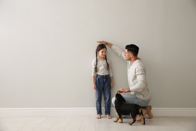 Photo of Father measuring little girl's height near light grey wall  and cute puppy indoors. Space for text