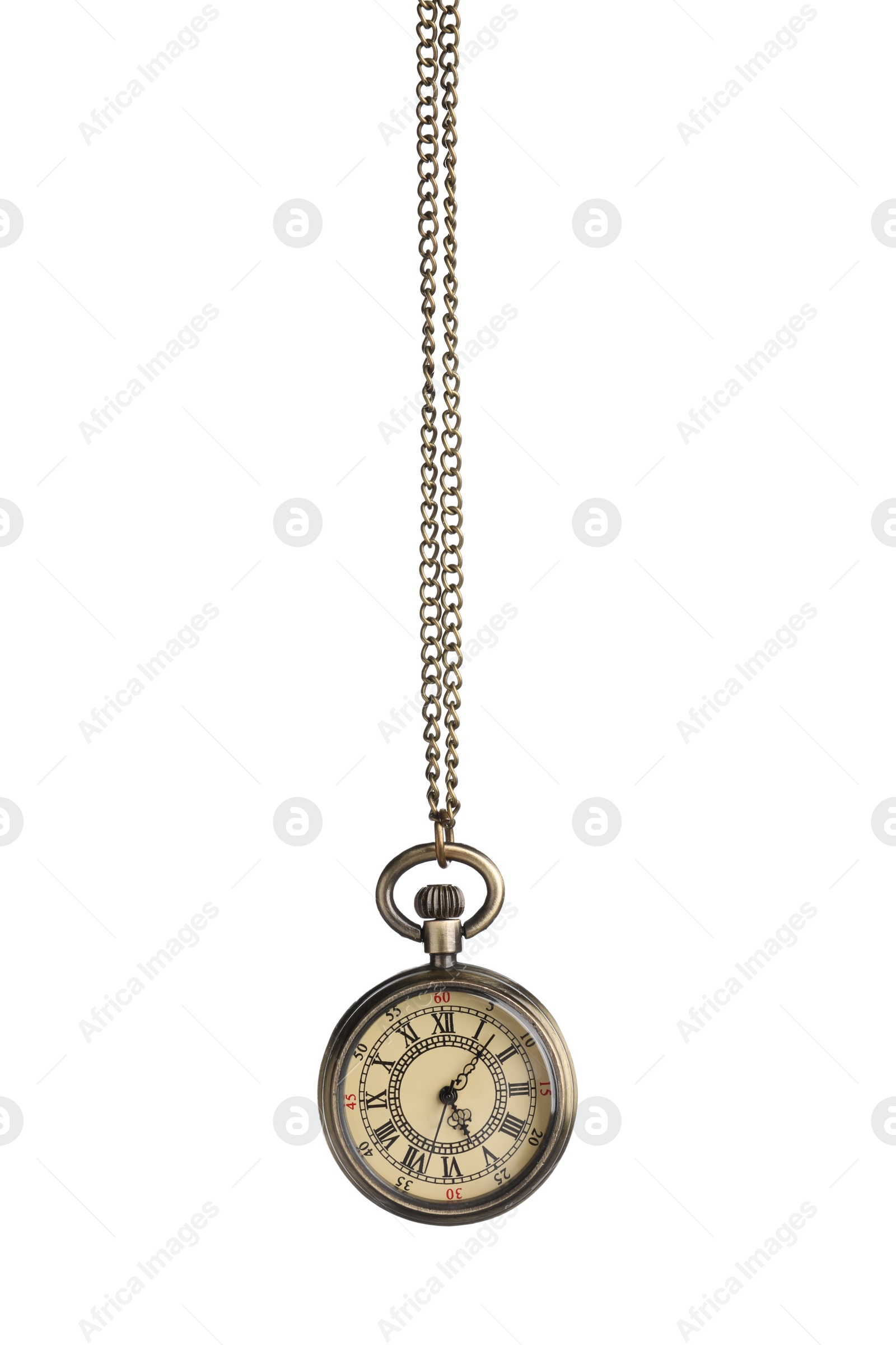 Photo of Beautiful vintage pocket watch with chain isolated on white. Hypnosis session