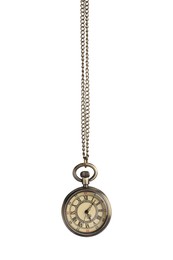 Photo of Beautiful vintage pocket watch with chain isolated on white. Hypnosis session