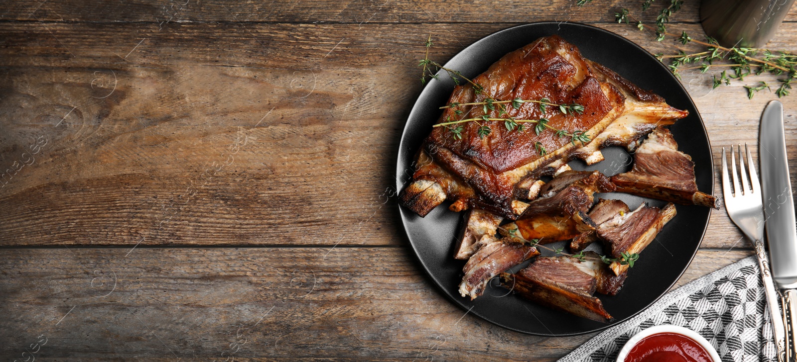 Image of Flat lay composition with delicious roasted ribs on wooden table, space for text. Banner design