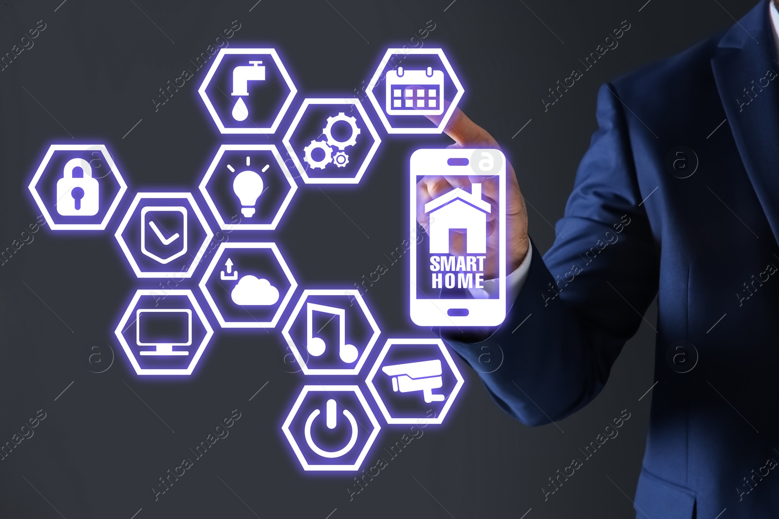 Image of Man using digital screen with Smart Home interface on dark grey background, closeup