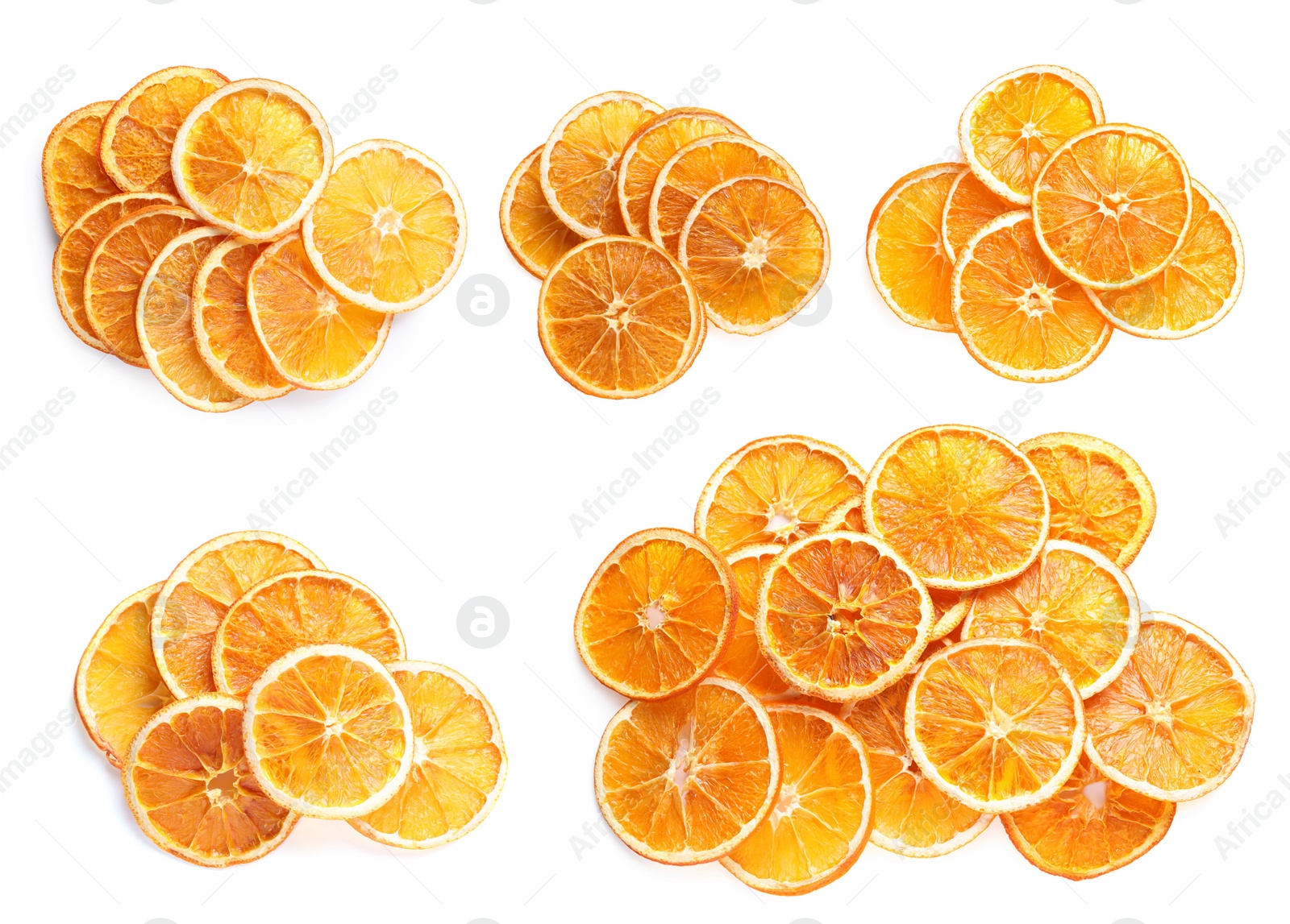 Image of Collage with dry orange slices on white background, top view