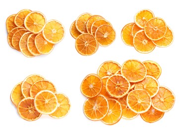 Collage with dry orange slices on white background, top view