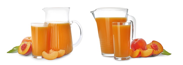 Image of Set of peach juice in glassware and fresh fruits isolated on white