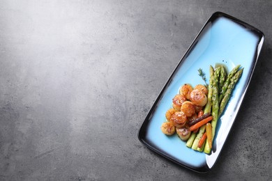 Delicious fried scallops with asparagus and vegetables on grey table, top view. Space for text