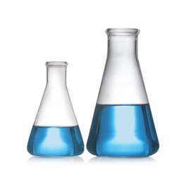 Conical flasks with blue liquid isolated on white. Laboratory glassware