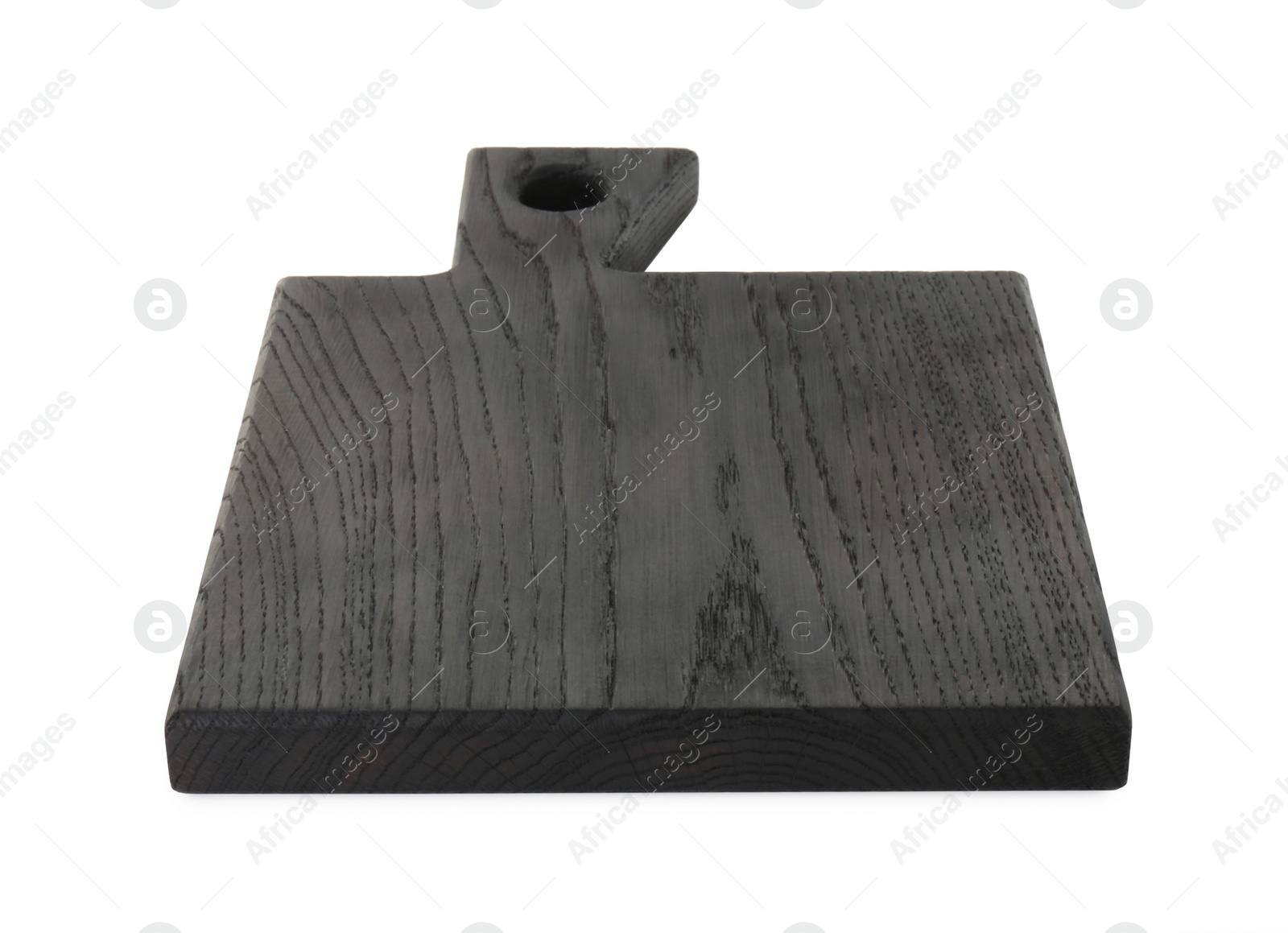 Photo of Black wooden cutting board isolated on white