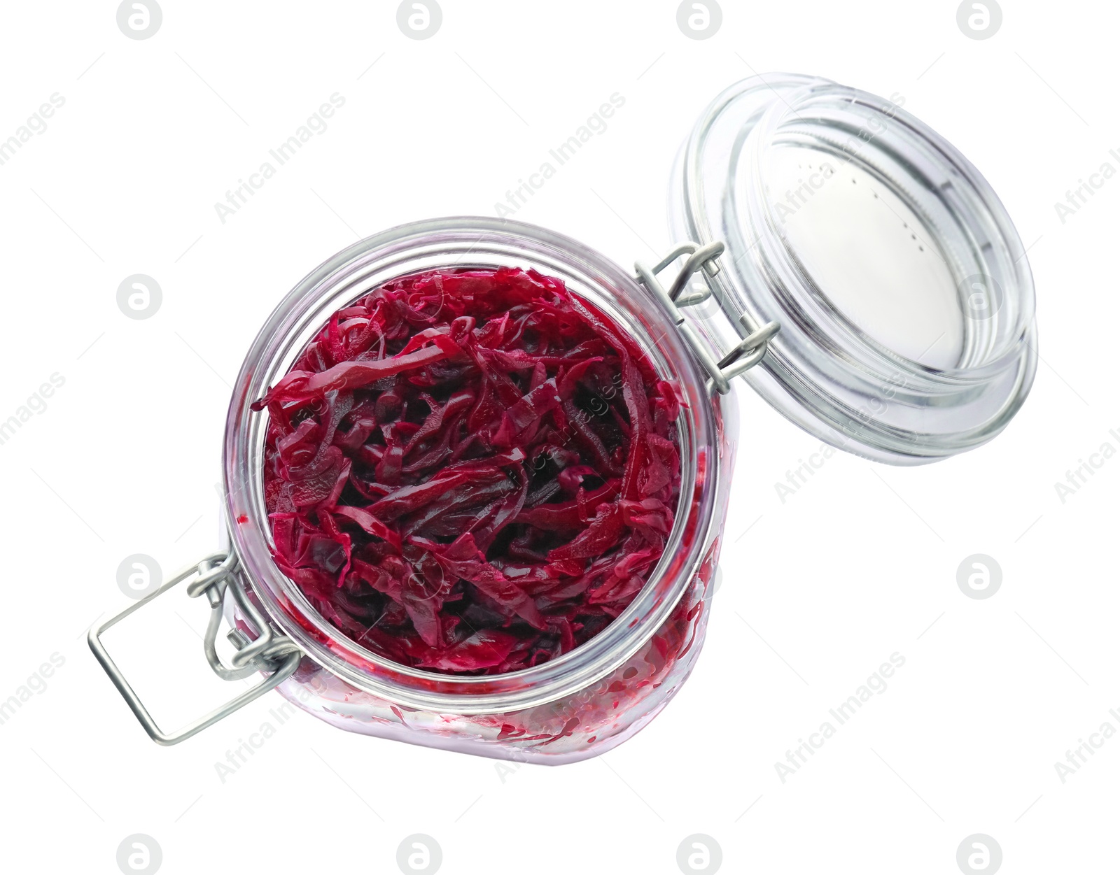 Photo of Jar with tasty red cabbage sauerkraut isolated on white, top view