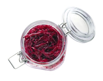 Photo of Jar with tasty red cabbage sauerkraut isolated on white, top view