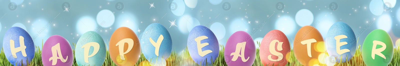 Image of Happy Easter. Colorful dyed eggs on green grass, banner design