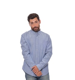 Photo of Embarrassed man in shirt on white background