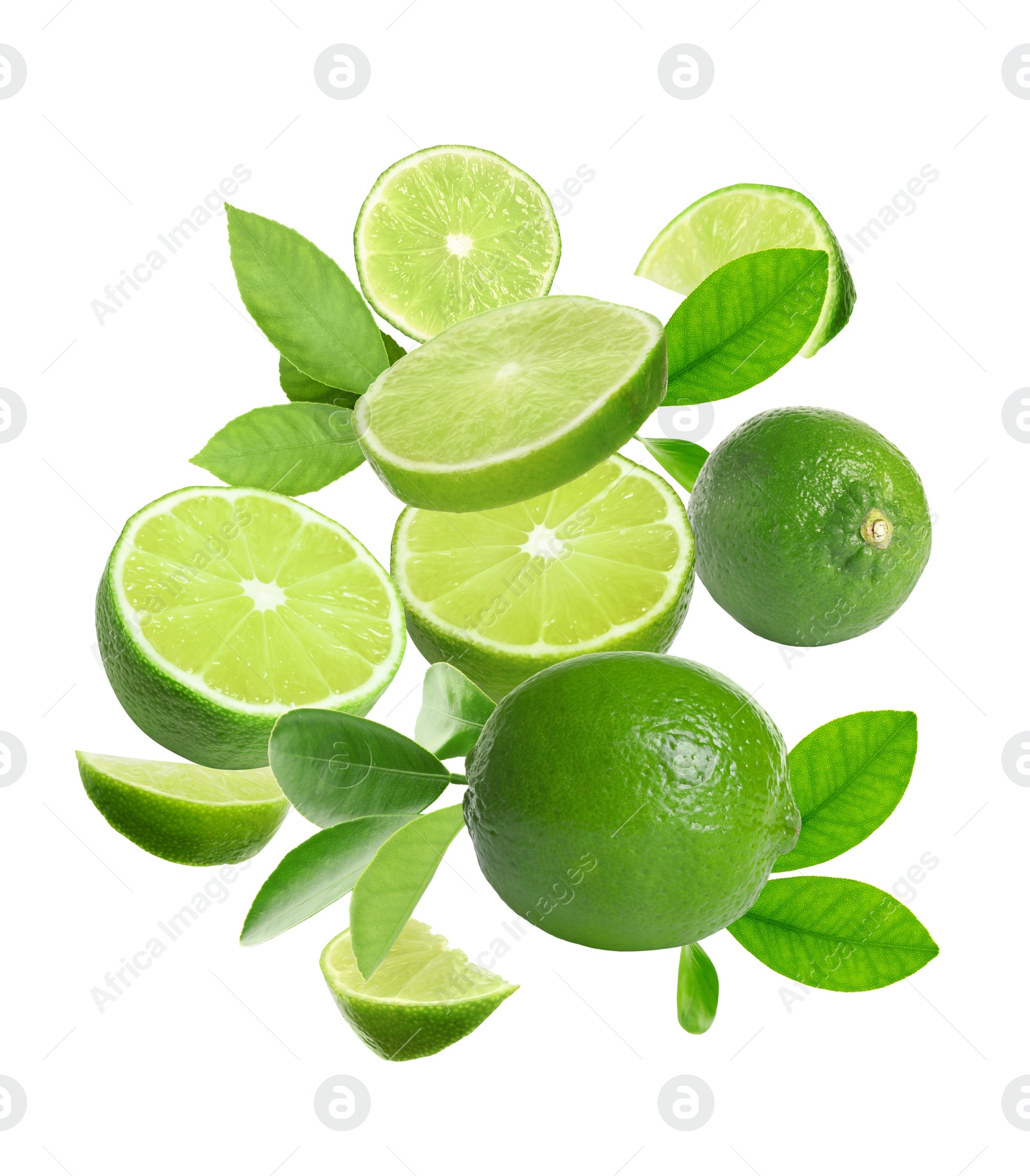 Image of Fresh lime fruits and green leaves falling on white background