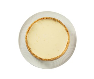 Photo of Tasty vegan tofu cheesecake isolated on white, top view