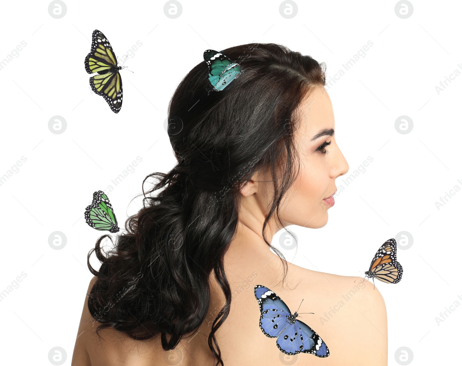 Image of Beautiful young woman and butterflies on white background