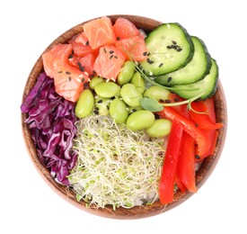 Photo of Delicious poke bowl with vegetables, fish and edamame beans on white background, top view