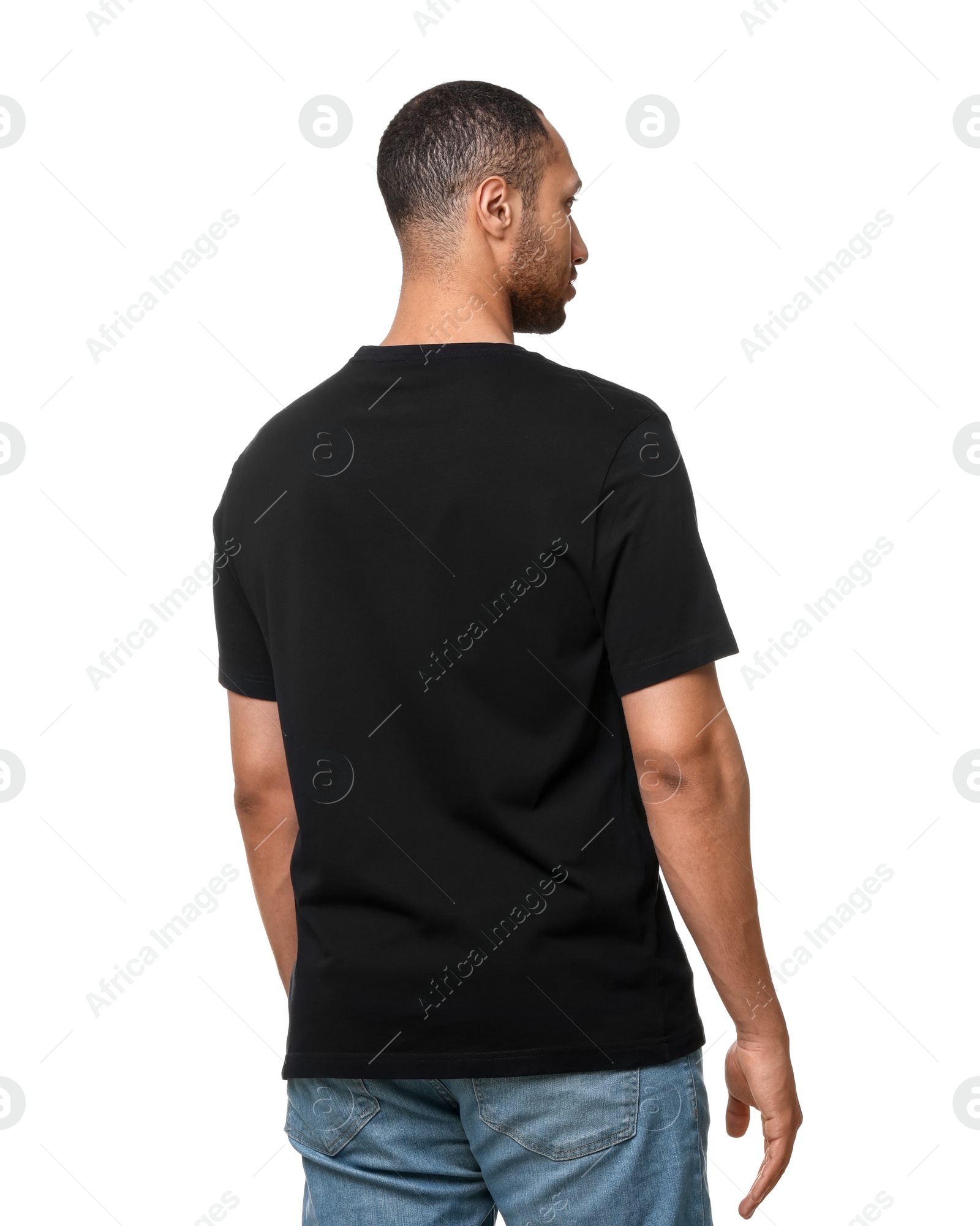 Photo of Man wearing black t-shirt on white background, back view