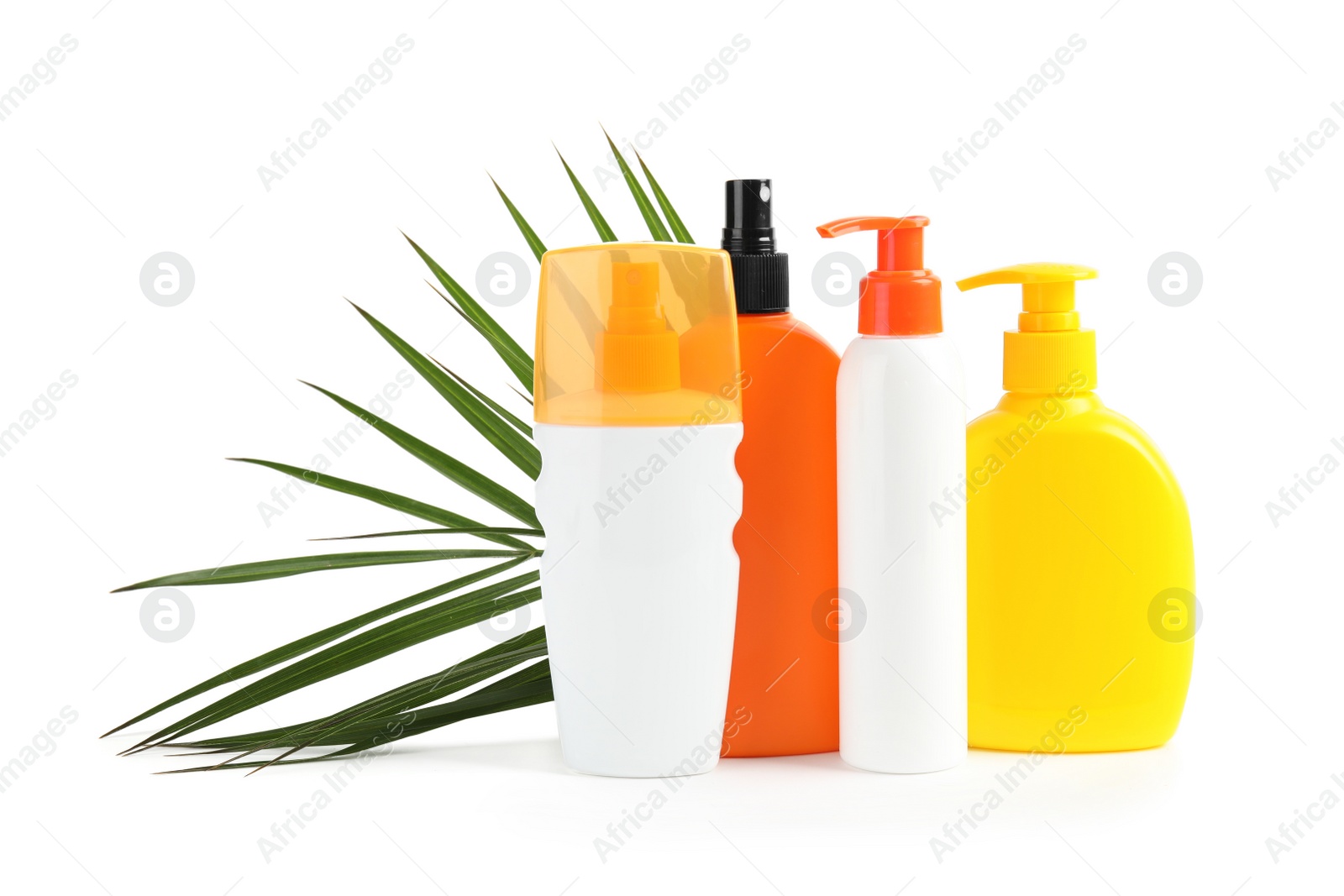 Photo of Composition with sun protection products on white background. Body care