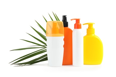 Composition with sun protection products on white background. Body care