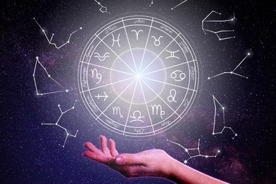 Image of Closeup view of woman and illustration of zodiac wheel with astrological signs against starry sky in night