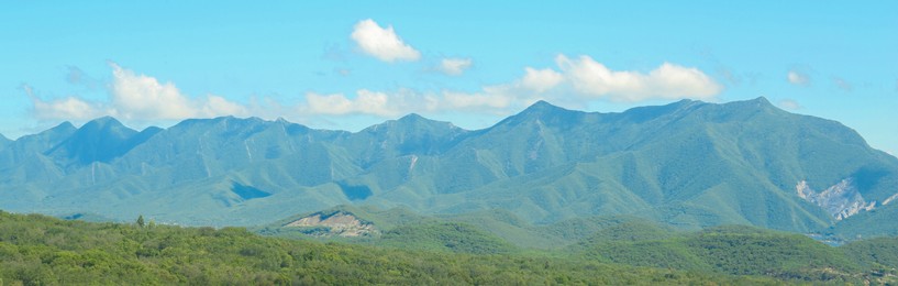 Picturesque mountains under beautiful sky, banner design