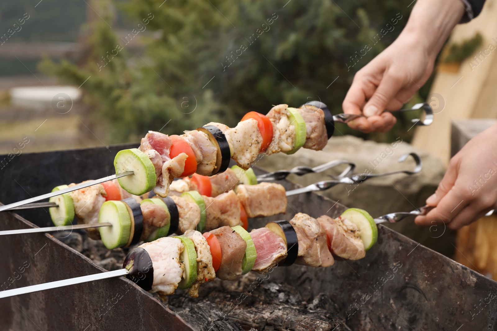 Photo of Woman cooking meat and vegetables on brazier outdoors, closeup