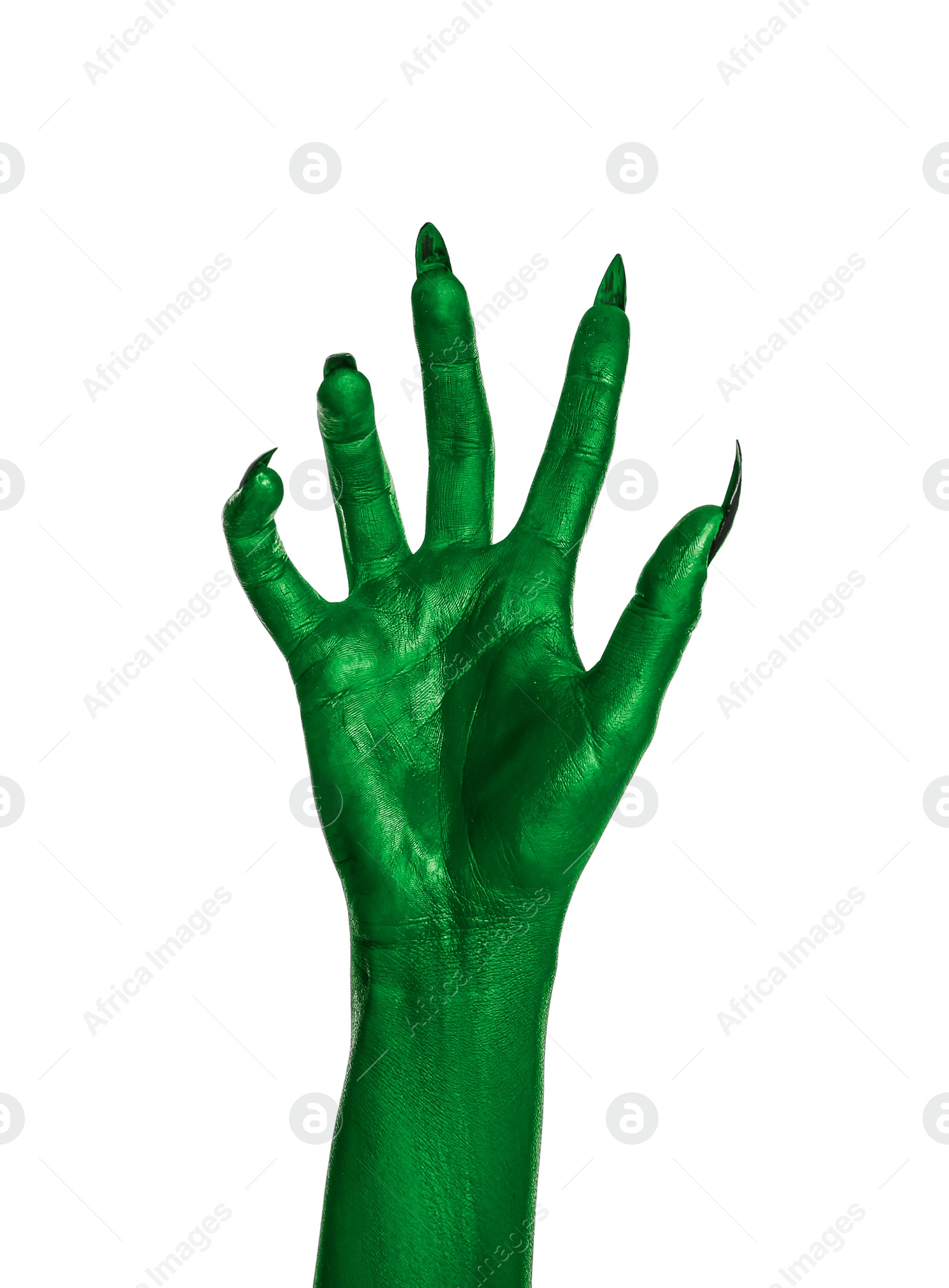 Image of Creepy monster. Green hand with claws isolated on white