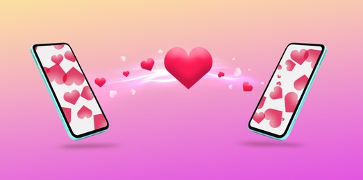 Image of Love in long distance relationship. Many hearts between mobile phones on gradient background, banner design