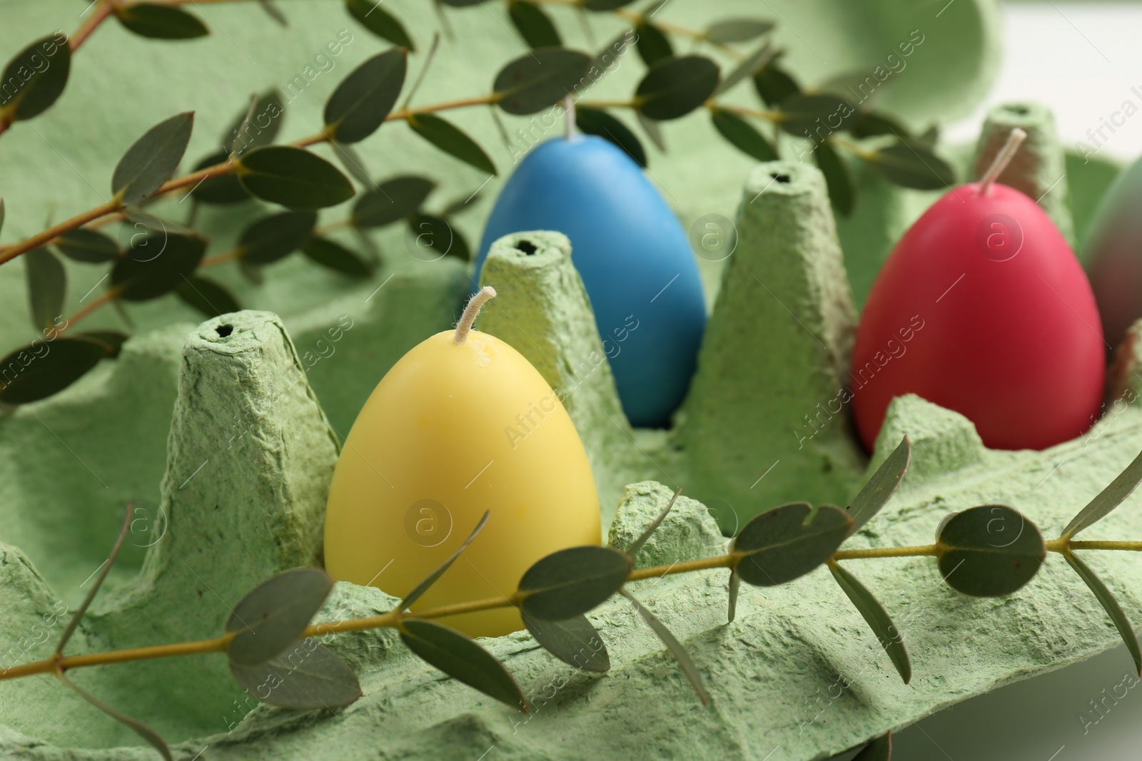 Photo of Colorful egg shaped candles in carton and leaves on table, closeup. Easter decor