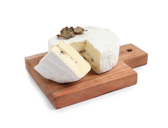 Photo of Wooden board with delicious truffle cheese isolated on white