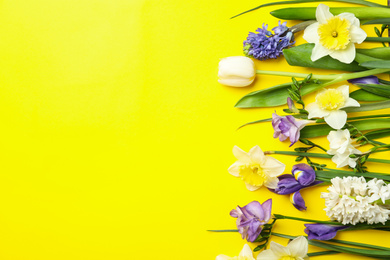 Photo of Flat lay composition with spring flowers on yellow background. Space for text