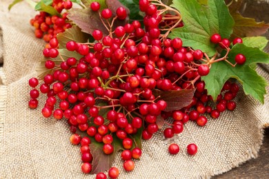 Photo of Branch of viburnum with ripe berries on table, flat lay