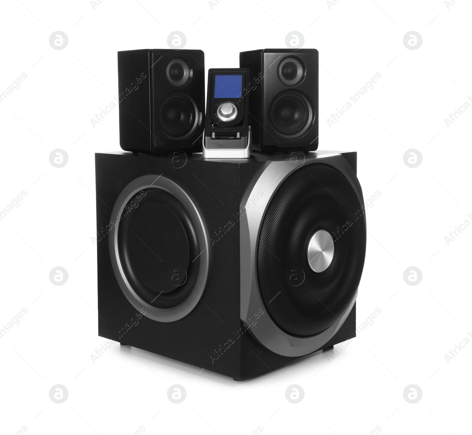 Photo of Modern powerful audio speaker system with remote on white background