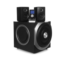 Photo of Modern powerful audio speaker system with remote on white background