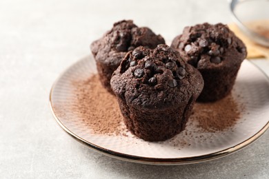 Delicious chocolate muffins and cacao powder on light grey table, closeup. Space for text