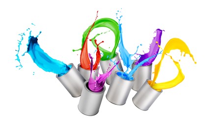 Image of Paint of different colors splashing from cans on white background