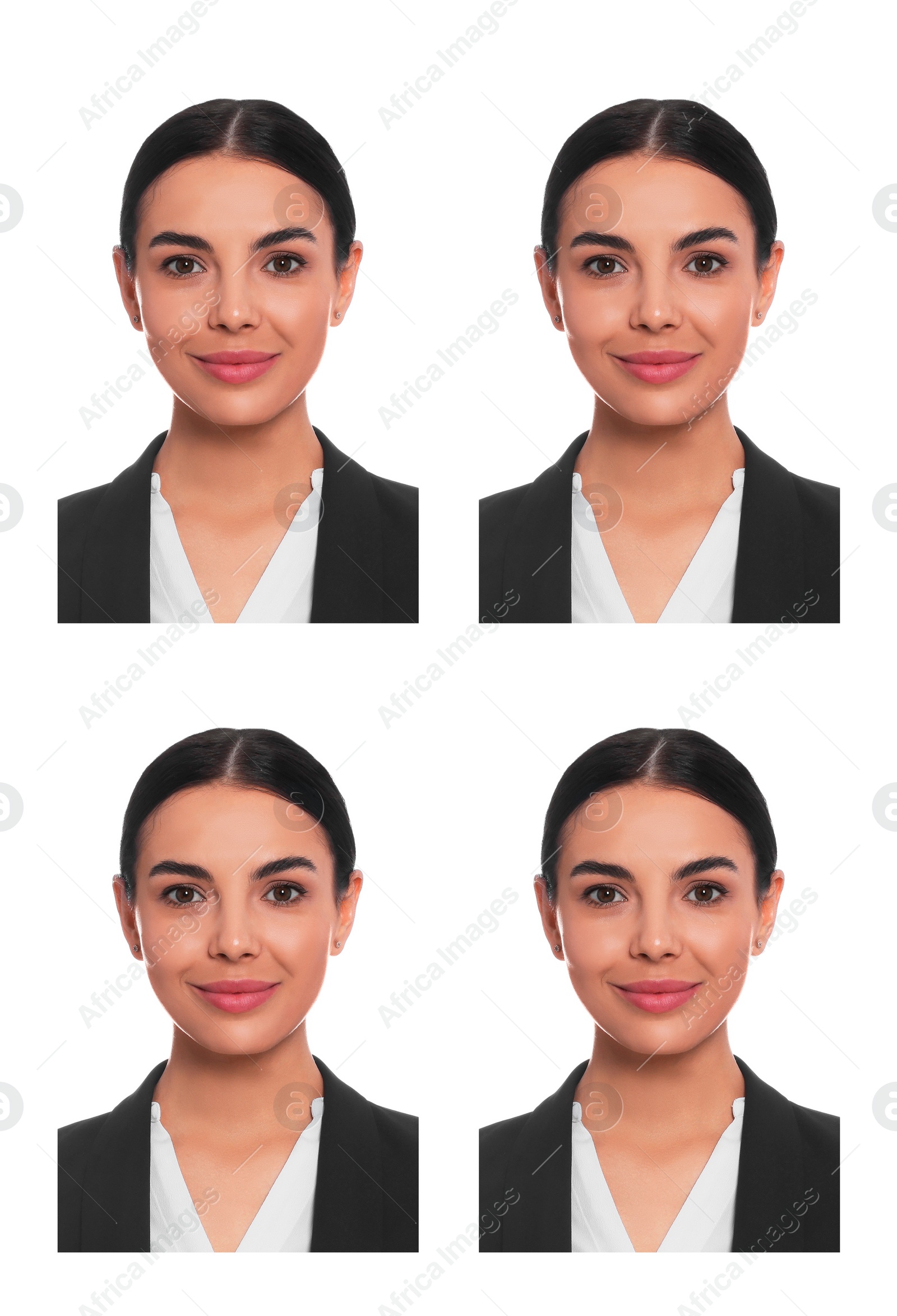 Image of Passport photo, collage. Woman on white background, set of photos