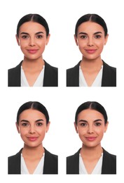 Passport photo, collage. Woman on white background, set of photos